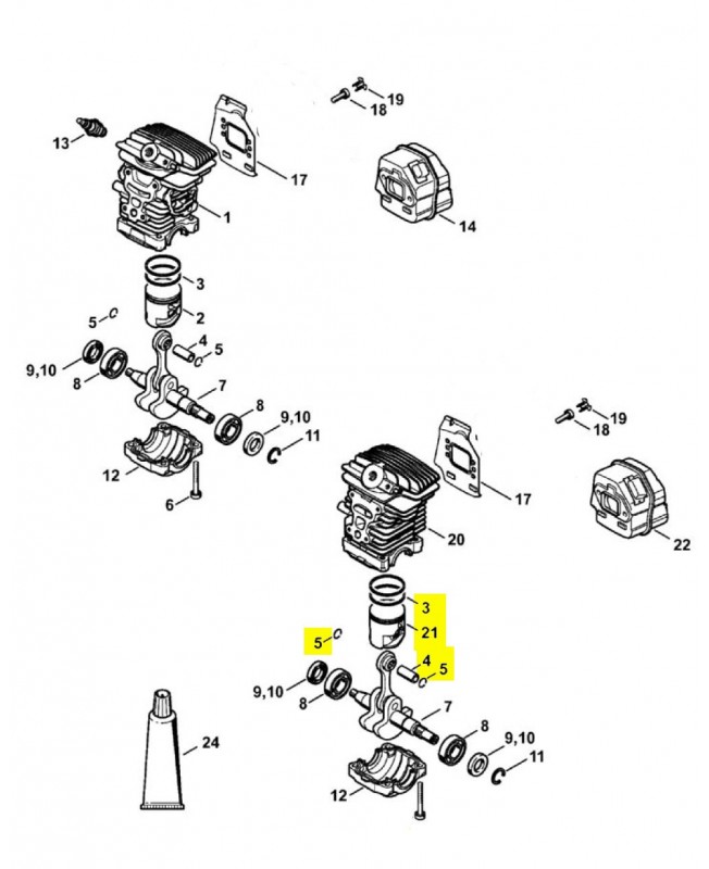 Repères 3 à 5 et 21 Piston