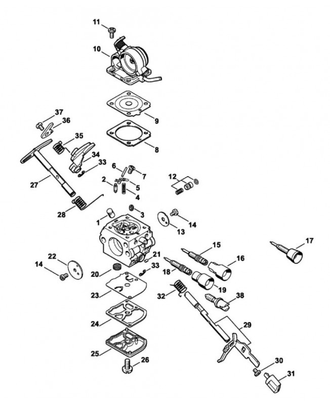 Repères 1 à 14 et 17 à 38 Carburateur