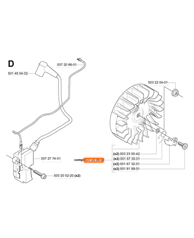 Volant complet 537209601. Pièce de rechange Husqvarna