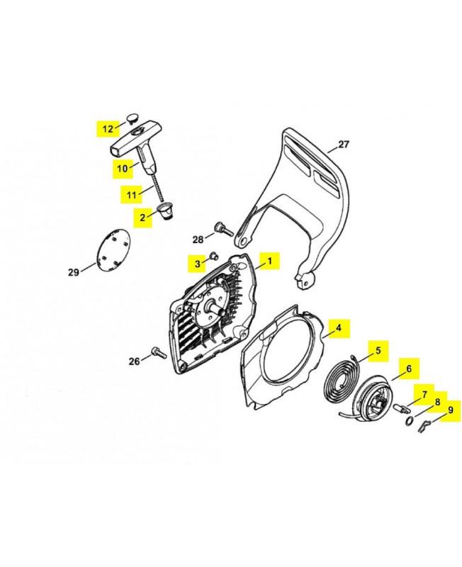 Carter ventilateur avec lanceur 1143-080-2100 et 1143-080-2104. Pièce détachée Stihl / Vicking