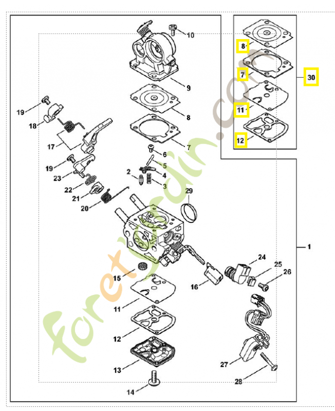 Jeu de pièces de carburateur 1140-007-1703. Pièce détachée Stihl / Vicking