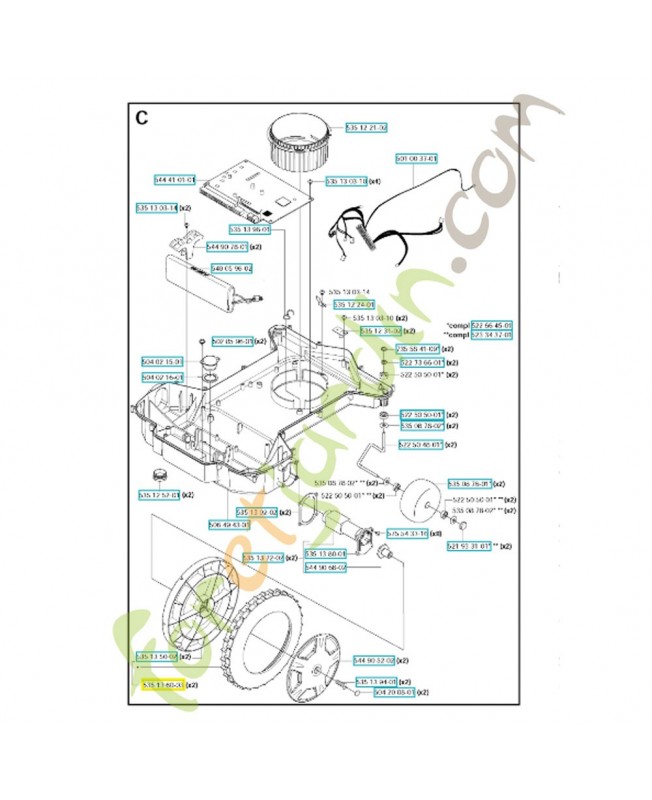 Roue arrière complète 535136003. Pièce de rechange Husqvarna
