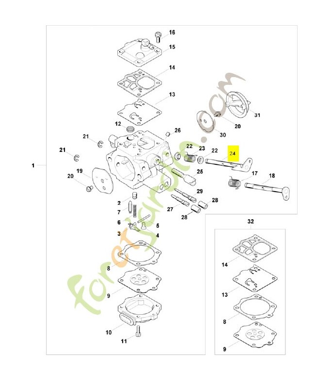 Axe papillon avec levier 1124-120-7101. Pièce détachée Stihl / Vicking